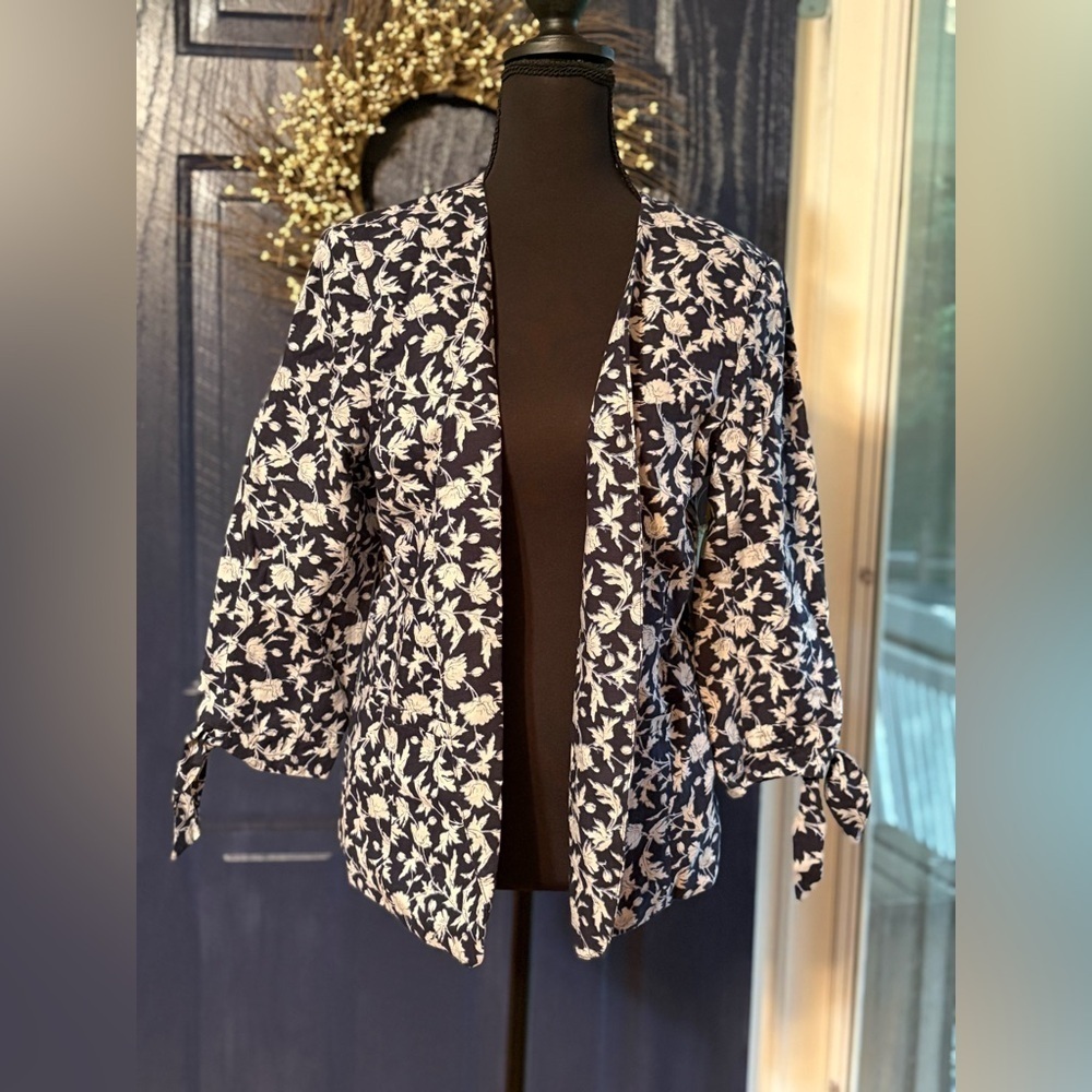 CeCe Blue & White Linen Blend Open Blazer NWT size S